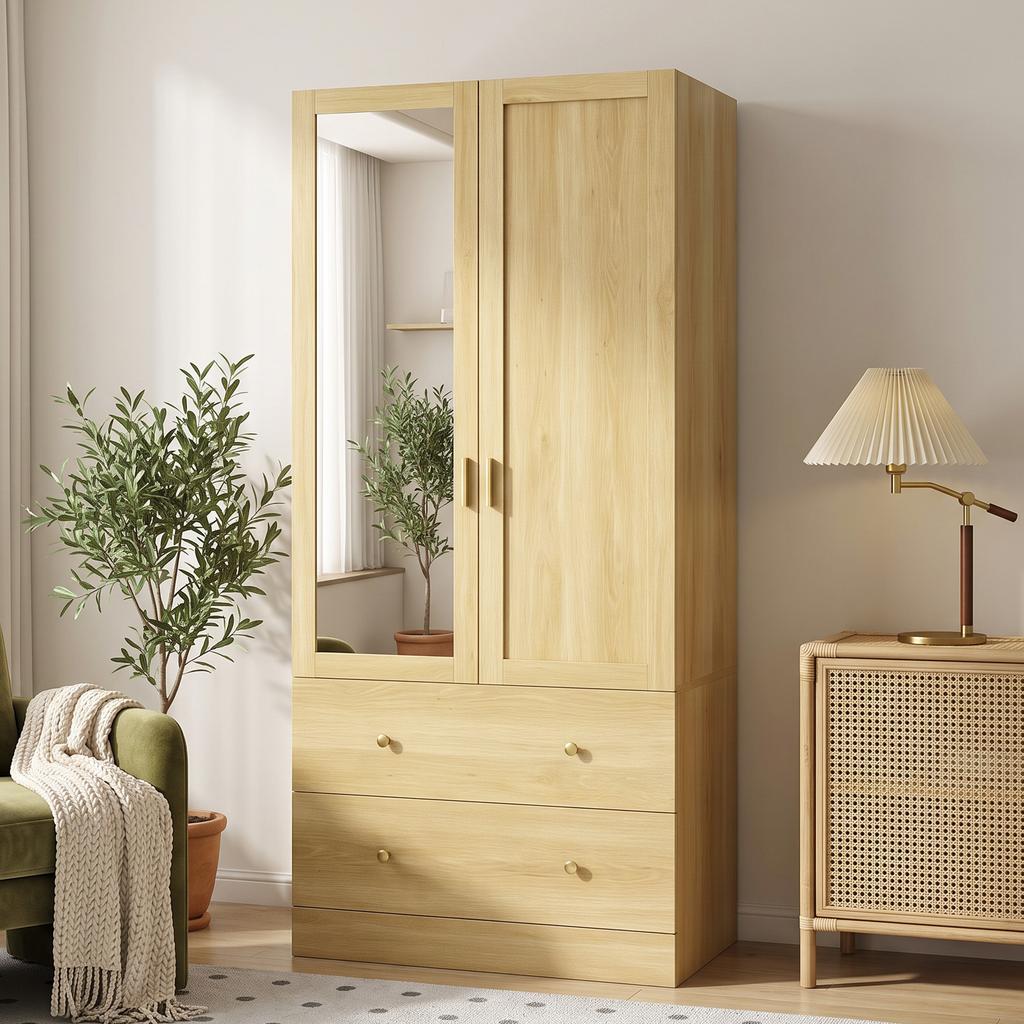 Bedroom Wardrobe with Mirror, 2 Doors, 2 Drawers, Hanging Rail, 80 x 50 x 180 cm, Oak