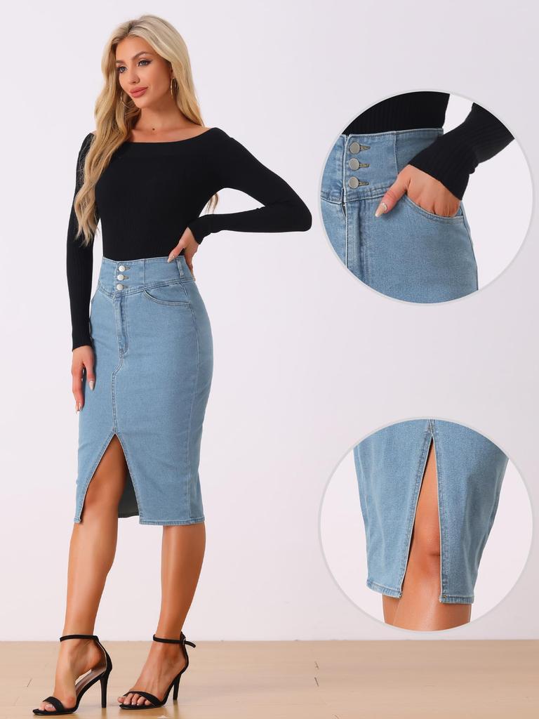 Allegra K Women's High-Waisted Split-Hem Pencil Jeans Skirt, Light Blue, Size M
