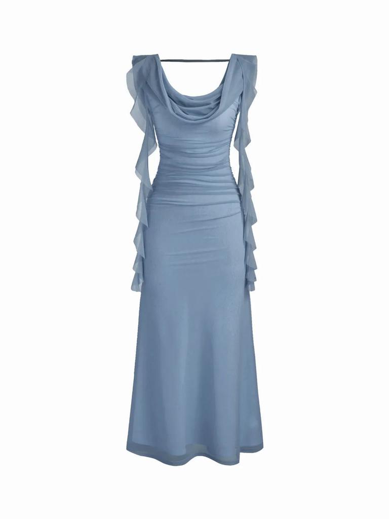 Women's Clothing Summer High-end Mesh Exquisite Dress, Swinging Collar Backless Streamer Design, Slim and Thin Temperament Long Dress