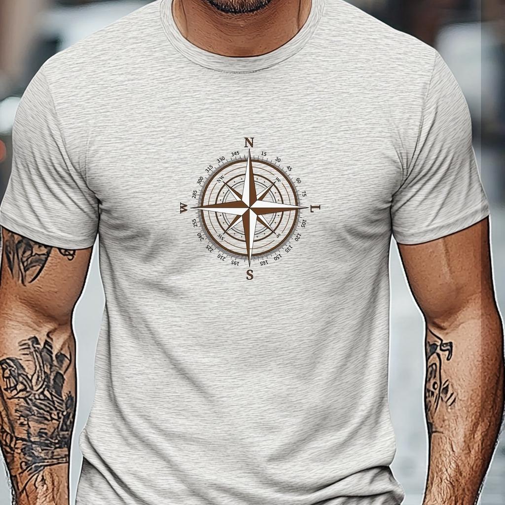 Men Maroon Casual Short Sleeve T-Shirt with White Compass Rose Graphic Regular Fit Round Comfort Men Clothing