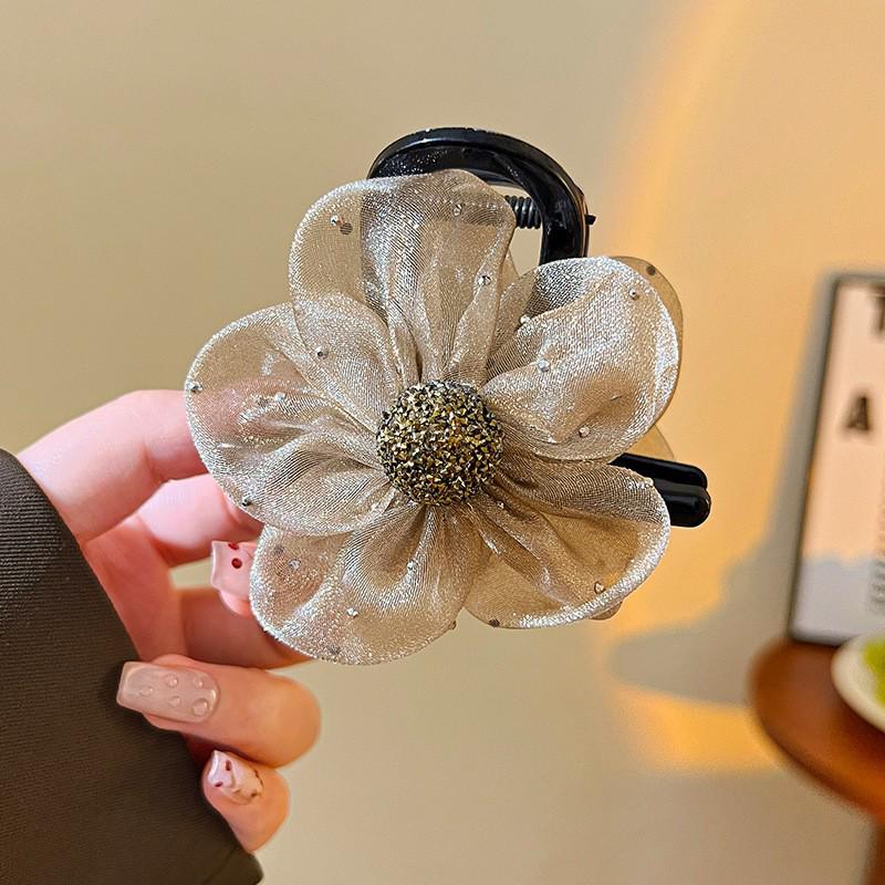 2025 Mesh Flower Shark Hair Clip: Elegant High-End Claw Hairpin for Women