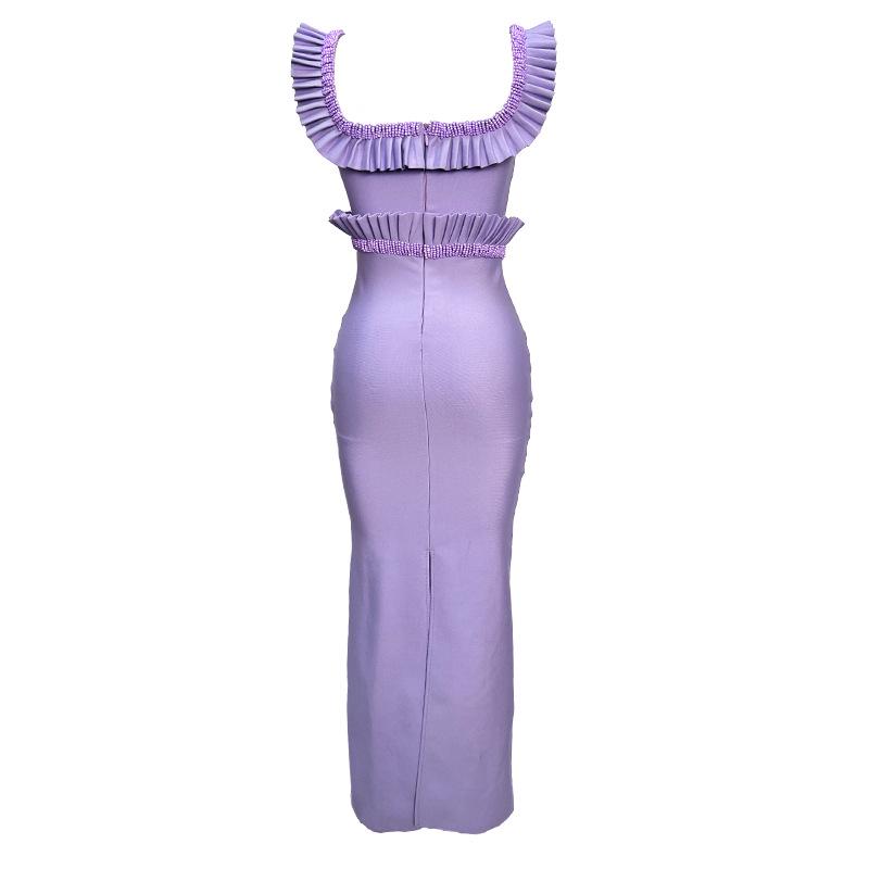 Women's Sleeveless Backless Spaghetti Strap Ruffle Trim Bodycon Bandage Party Dress