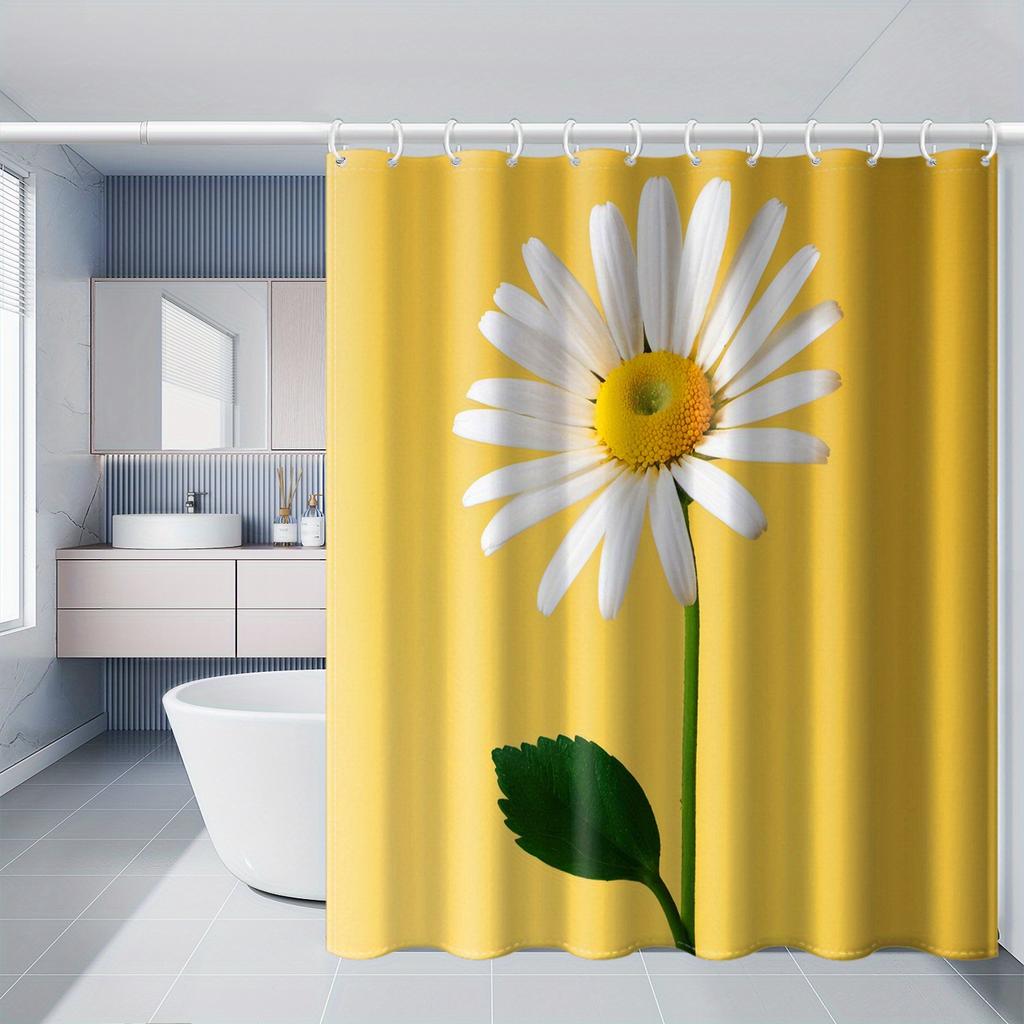 1pc Daisy Print Polyester Shower Curtain, 71x71 Inches, Yellow Background with White Daisies & Green Leaves, All-Season Bathroom