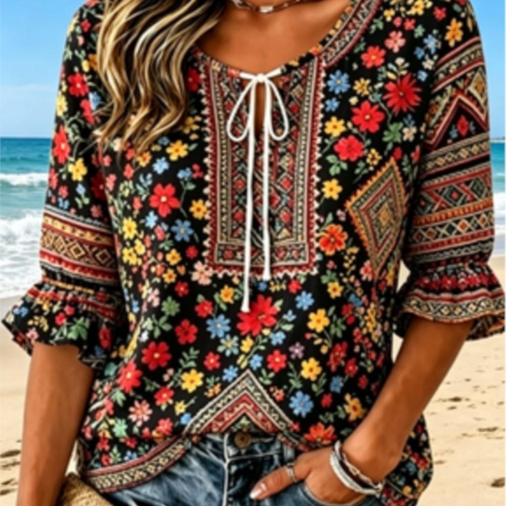 Women s Black Boho Multicolor Tiny Floral Ethnic Patchwork Print Tie Neck Ruffle Loose Vacation Blouse S