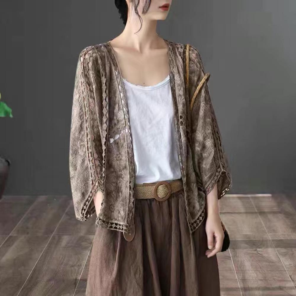 DX- MS64-Spring and Summer Cotton Embroidery Lace Cardigan Short Bat Sleeve Loose Shawl 7 Split Sleeve Air Conditioner Sunscreen Clothes Cover Female
