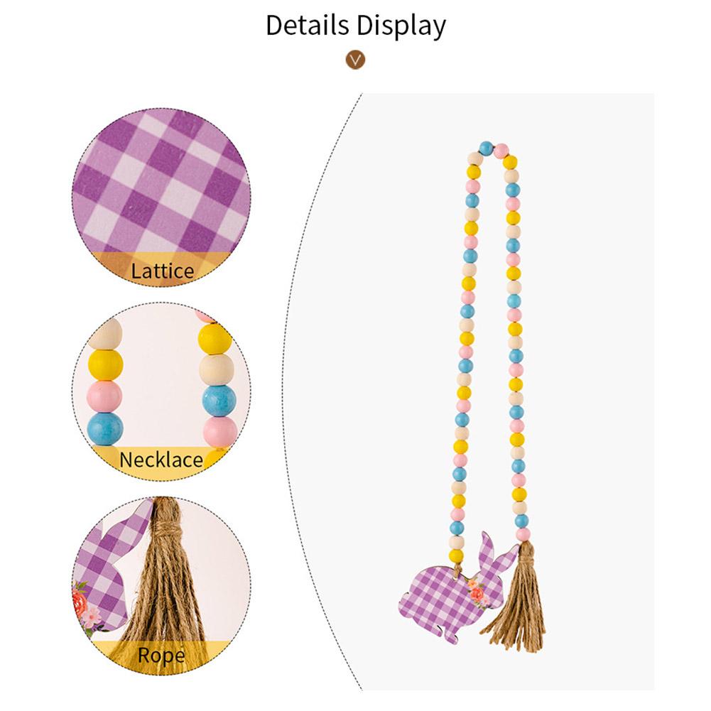 Easter Colorful Wooden Beads Hanging Garland With Plaid Print Rabbit Pendant For Easter Holiday Party