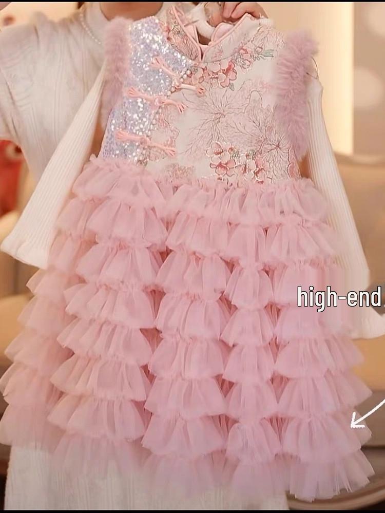 2026 New Year Girls' Floral Retro Chinese Style Padded Vest Dress