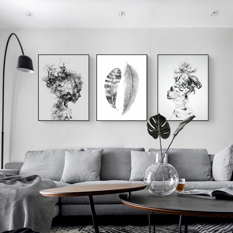Nordic Grey & White Abstract Holding Hands & Feather Canvas Art for Living Room