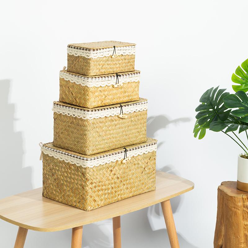 WCIC New Home Seagrass Handmade Straw Woven Storage Basket Desktop Storage Box With Lid With Checkered