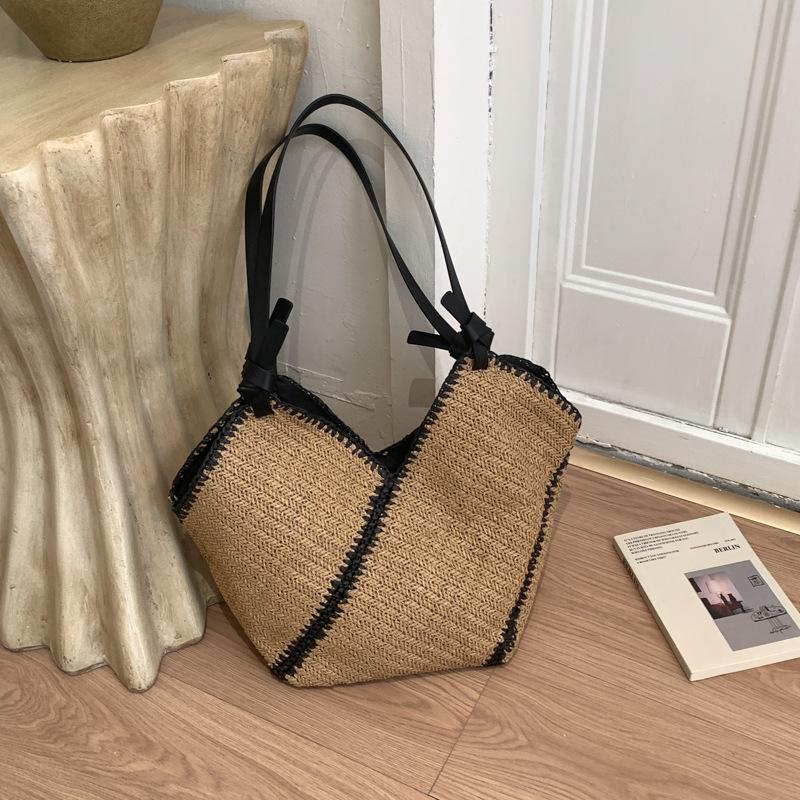 Striped Woven Shoulder Bag Large Capacity Tote Bag Stylish And Versatile Beach Vacation Handbag Women Simple Casual Commuter Bag хаки