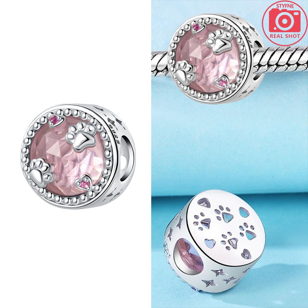 925 Silver Pink Claw Bones Running Dog Pendant Heart Bead Fit Bracelet Women Jewelry Diy Childish Fine Gift