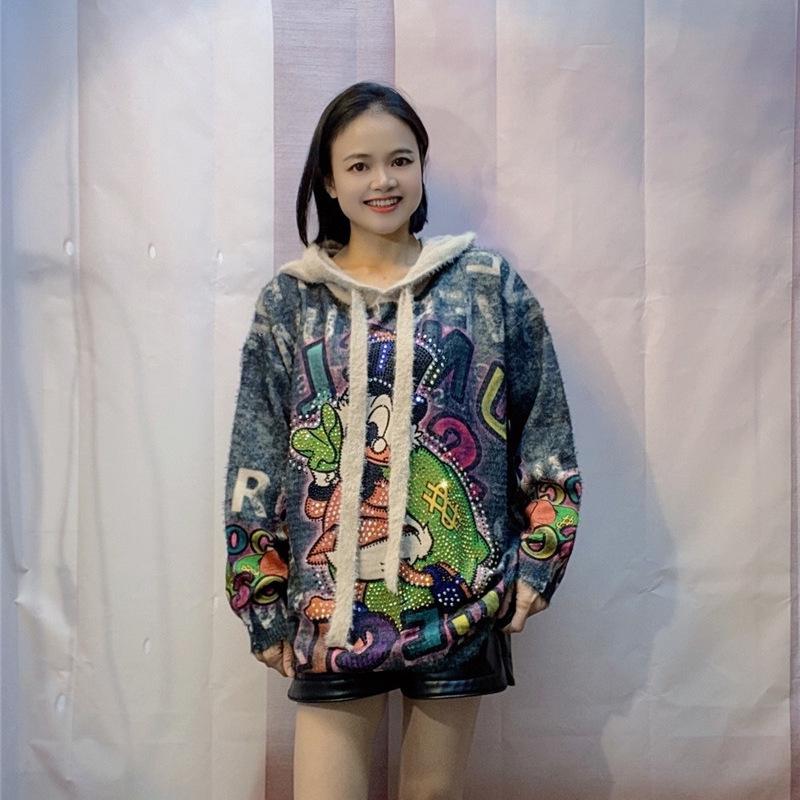 European Plus Size Rhinestone Donald Duck Hooded Sweater - 2024 Autumn Collection Women's Plush Top