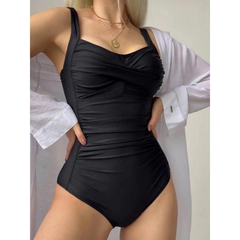 Women s Black Square Neck Cross Ruched Wide Strap One-Piece Swimsuit S