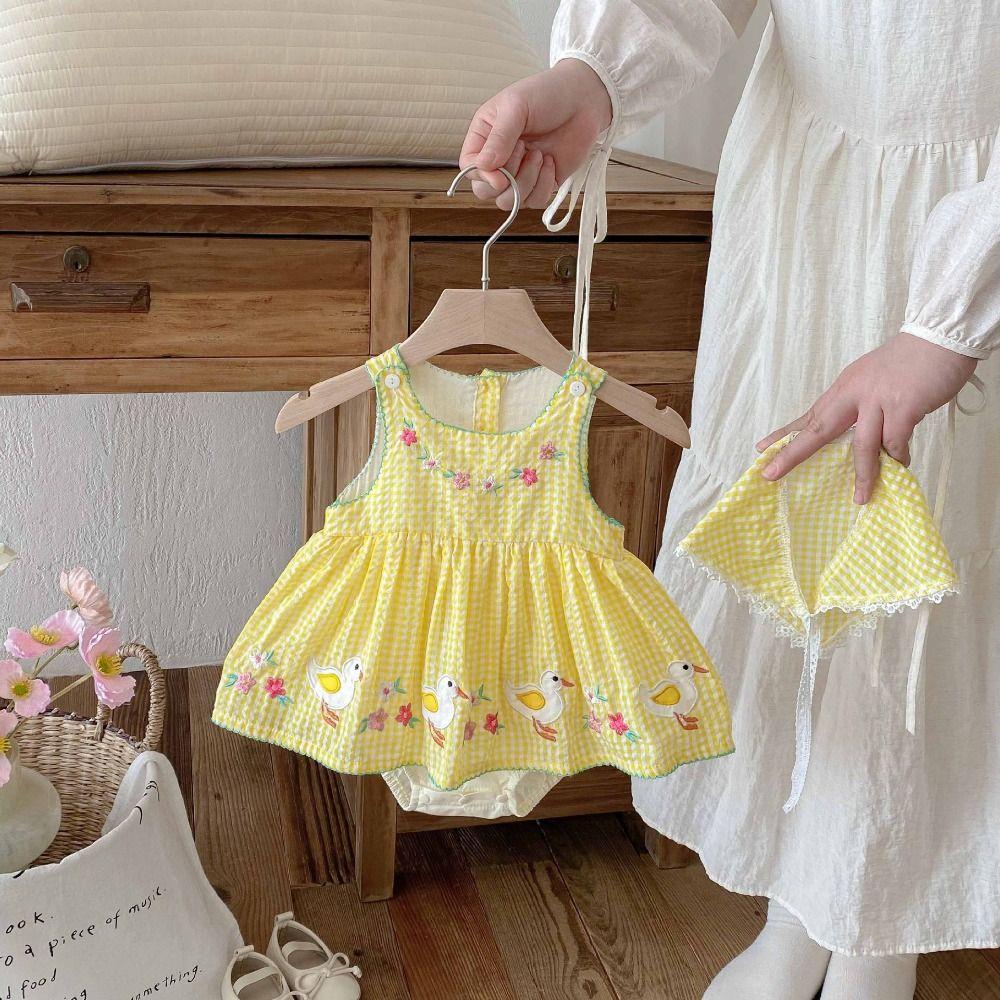 Duck Print Cotton Romper Yellow Gingham Princess Dress Bodysuit Rompers  Summer Outfit