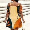 Women Plus Size Cold Shoulder Chain Strap Printed Short Sleeve Loose Mini Dress