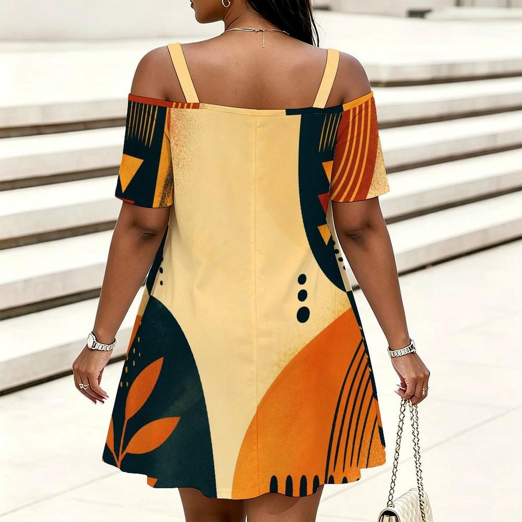 Women Plus Size Cold Shoulder Chain Strap Printed Short Sleeve Loose Mini Dress