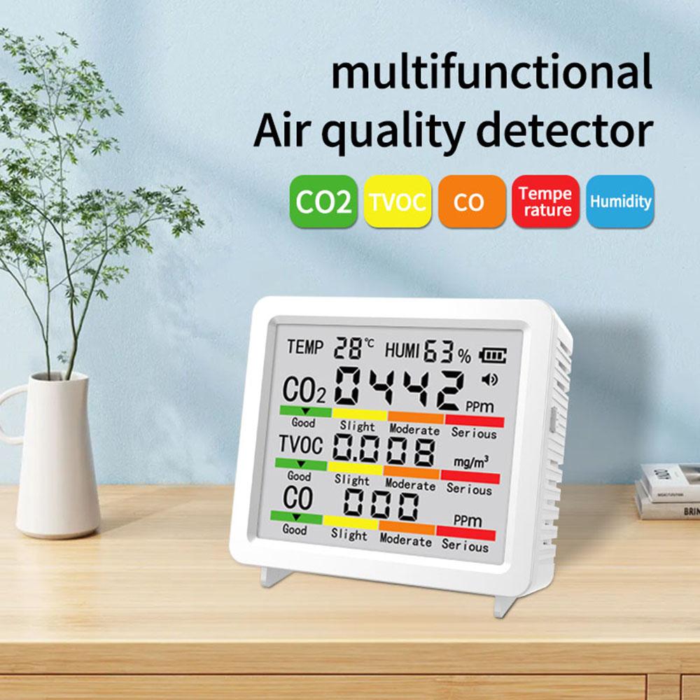 5-in-1 Air Quality Detector Temperature Humidity Meter CO2 HCHO TVOC Air Quality Monitor Tester Tool Large Screen Display