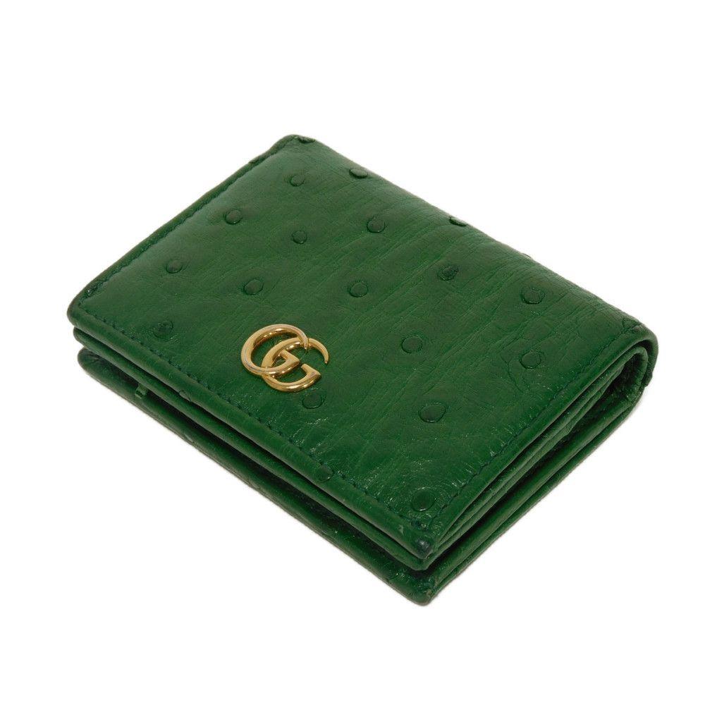 Used Double G Exotic Compact Wallet 9539 456126 7941 Petit Marmont GG Marmont Ostrich Green Unisex from Japan AUTHENTIC