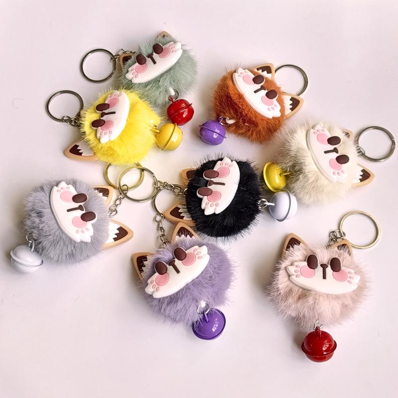 1 PC Cute lucky cat plush keychain imitation mink fur ball keychain with bell pendant