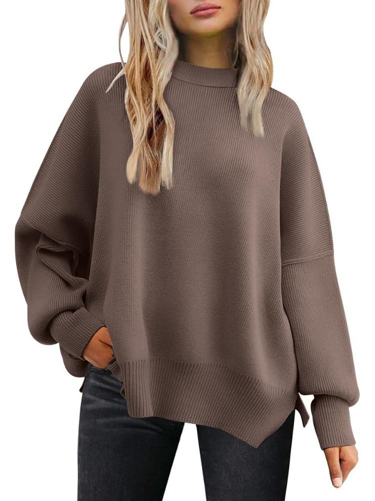 Women's Round Neck Batwing Sleeve Long Sleeved Ribbed Knit Sweater with Side Slit Pullover Luxurious Relaxed-fit Slimming and Versatile Top
