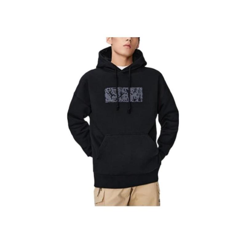 Li-Ning Sports Life Sudadera con Capucha Pulóver Estampado Color Sólido Manga Larga Tops Unisex Negro AWDSB43-1