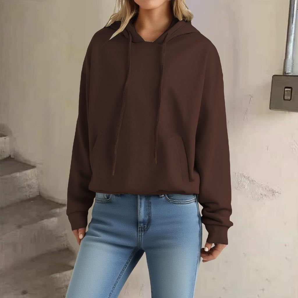 Women's Loose Long Sleeved Pullover With Drawstring And Pocket Hooded Solid Color Hoodie