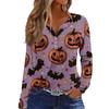 Women's Casual Halloween Printed V-Neck Long Sleeve T-Shirt with Decorative Buttons