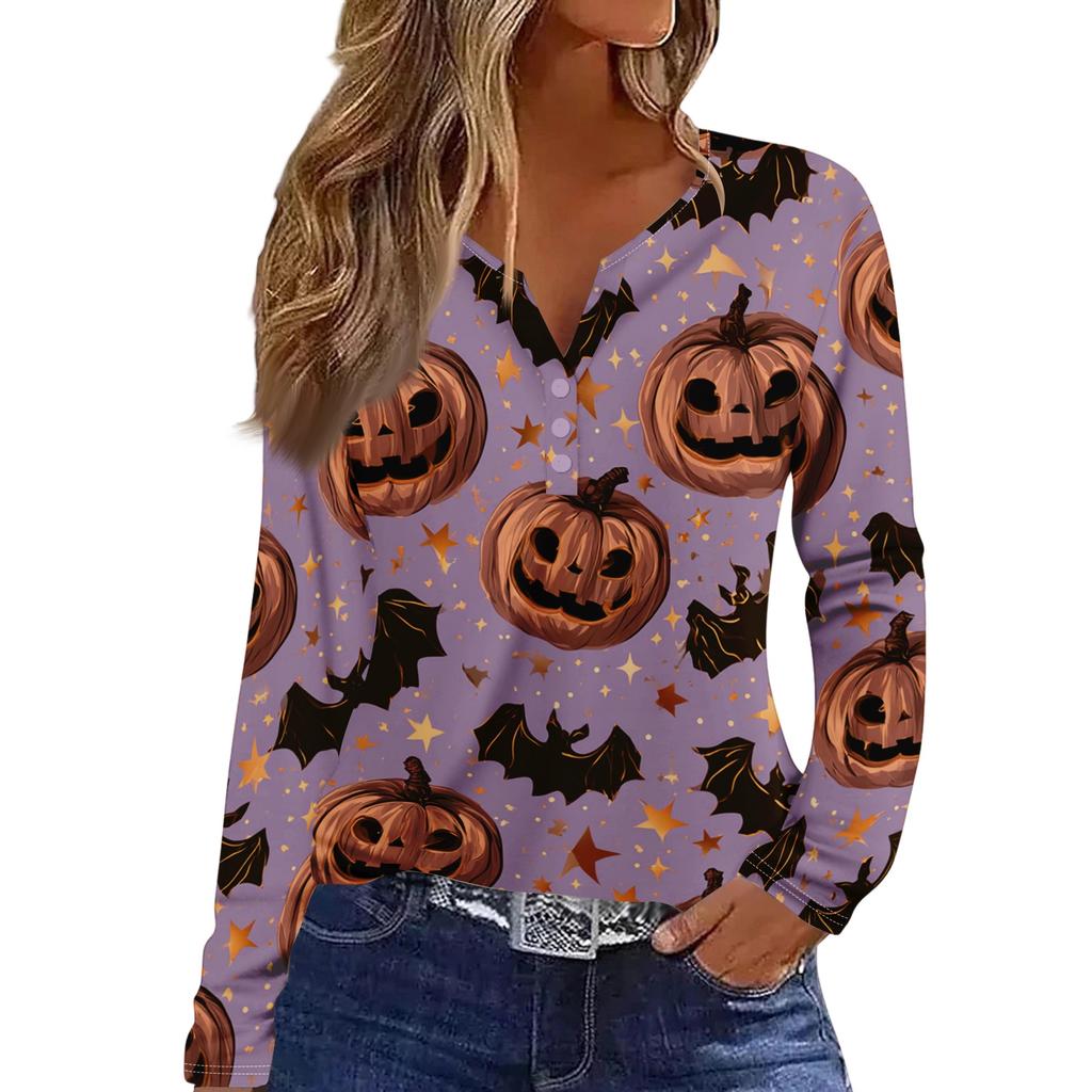 Women's Casual Halloween Printed V-Neck Long Sleeve T-Shirt with Decorative Buttons