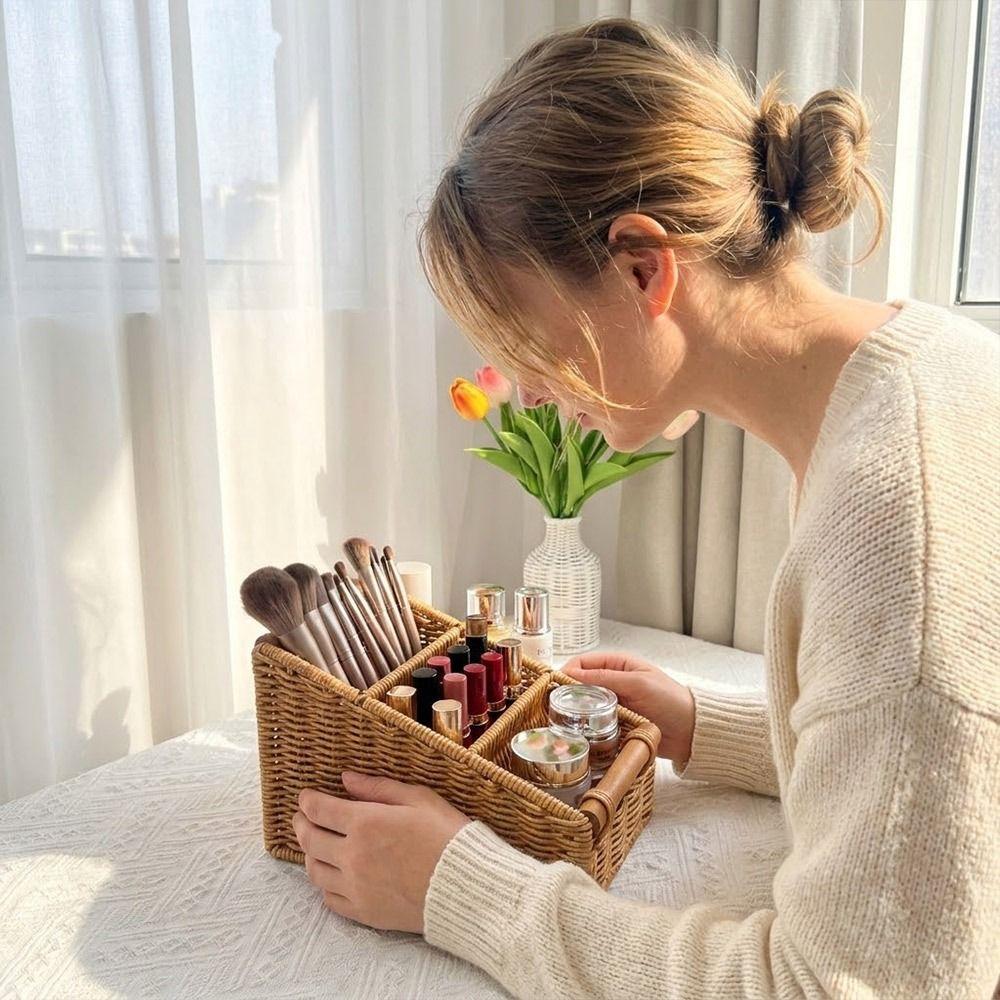 Multi-porpose Compartmentalized Storage Box Brown Plastic Sundries Organization Box Divided Grids Bevel Step Weaving Basket
