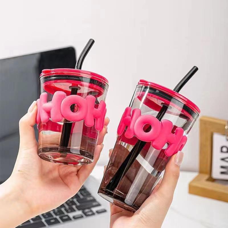 

Straw Glass Cup for Female Couple Student Water Cup Insulated Anti-scalding Household Coffee Cup Portable Creative High-value Cup smoke gray short