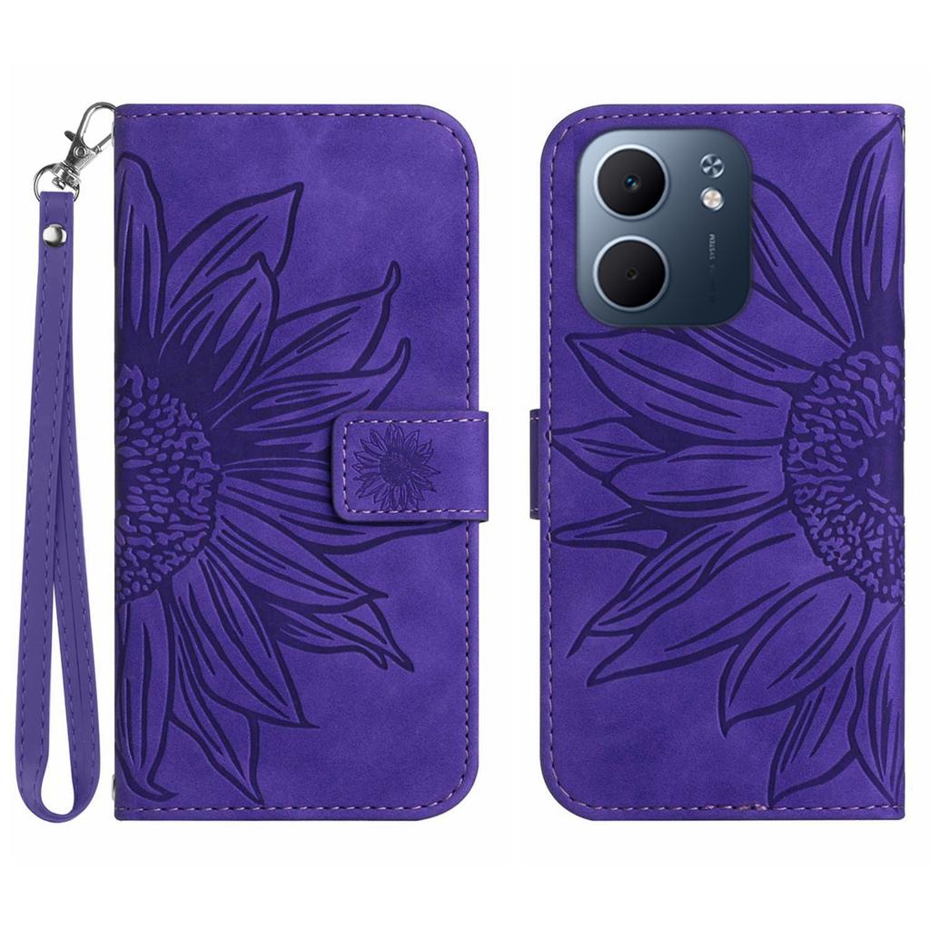 For Oppo A5x 5G/4G Case Sunflower Imprint Leather Wallet Phone Cover with Wrist Strap
