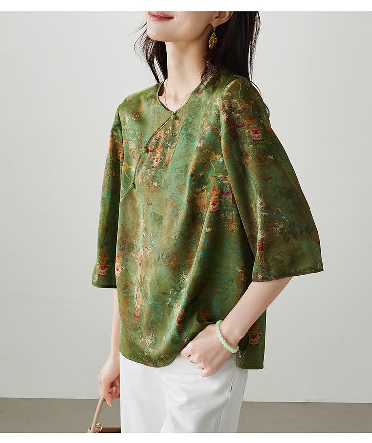 New Chinese style printed seven quarter sleeved shirt for women, 2026 spring temperament, versatile commuting loose top