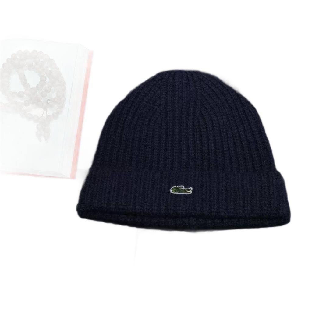 Unisex Ribbed Wool Knit Beanie with Crocodile Embroidery - Solid Color Winter Hat