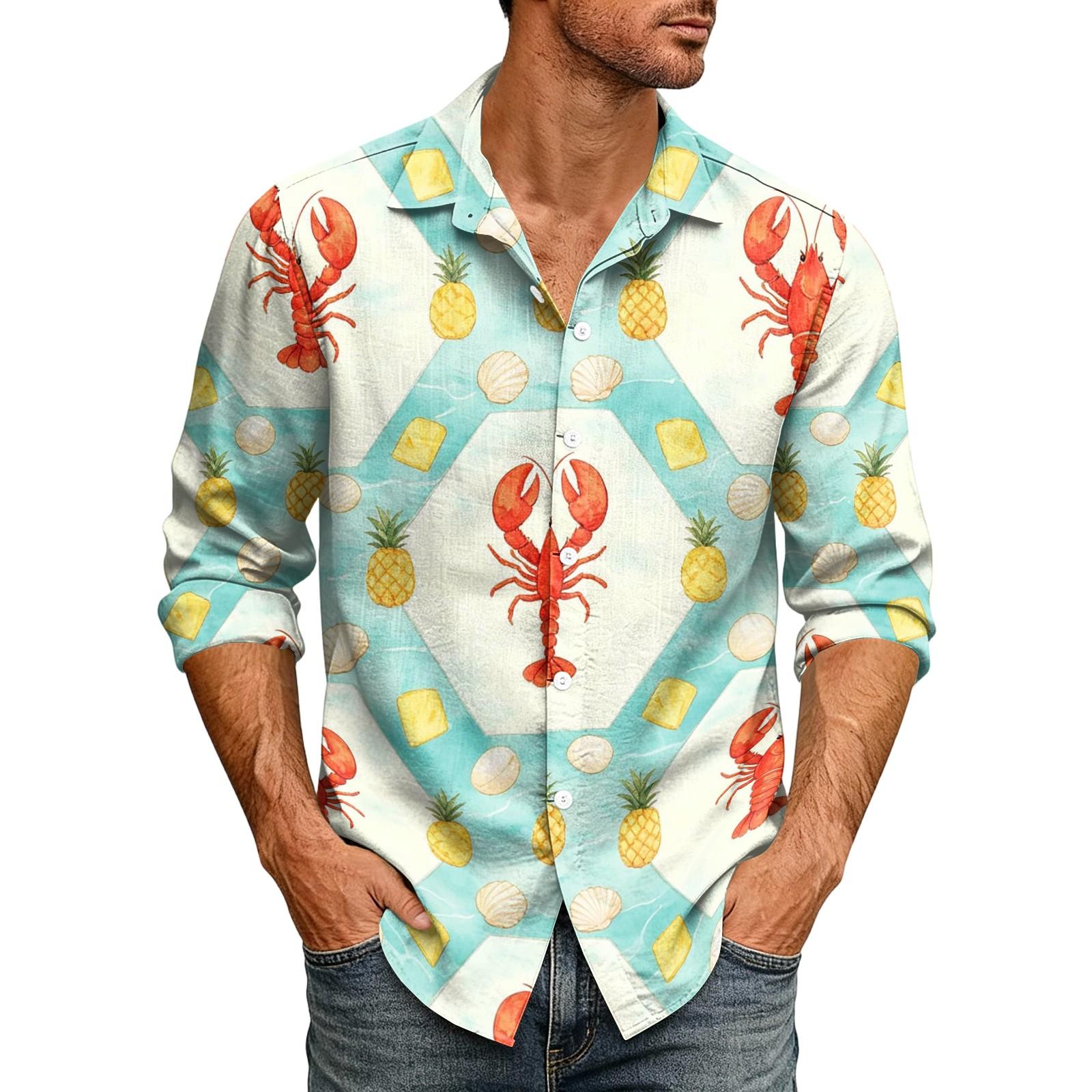 Men s Hawaiian Print Collar Long Sleeve Shirt for Summer XXXL