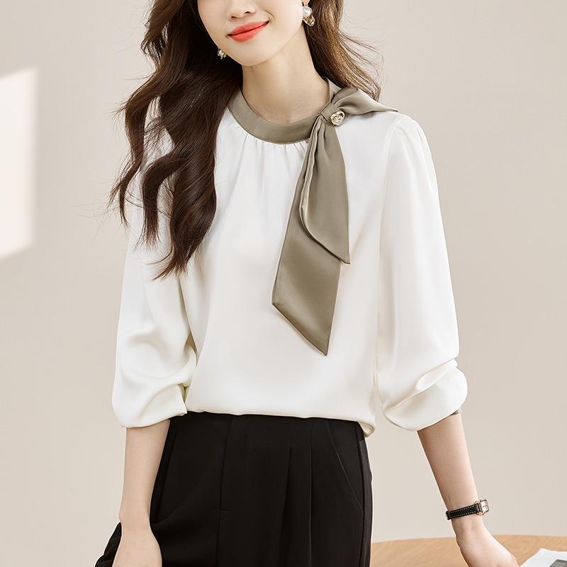 Spring and Autumn Bow Tie Round Neck Shirt Women Fashion New Long Sleeve Casual White Blouses Women Tops Elegant Solid Simple Office Lady Shirts 25855