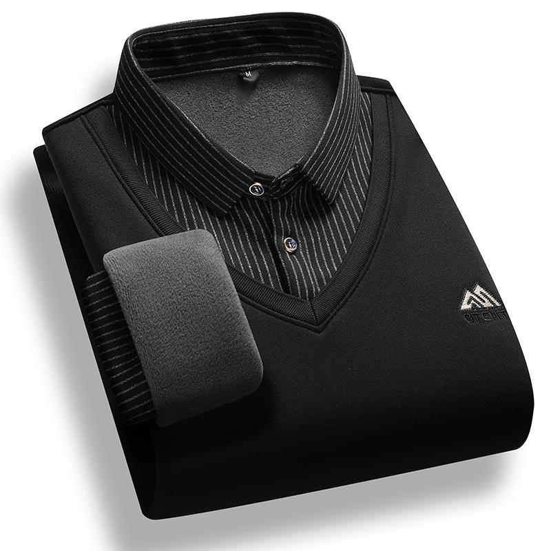 Men's Fleece Lined Sweater Polo Collar Pullover Tops Fashion Business Causal Pullovers Korean Slim Fit Thick Winter Clothes