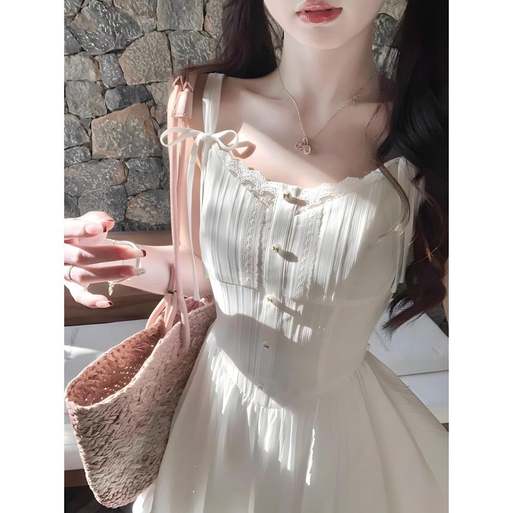 Women's Summer Casual Waist Skirt, New Spring Wear, Small White Suspender Dress