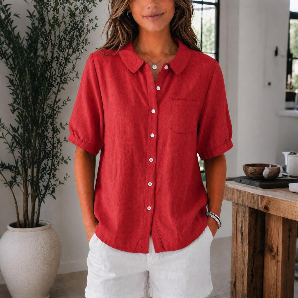 Women Lightweight Linen Cotton Shirt Short Sleeve Button Down Loose Fit Casual Workwear Blouse with Pocket Summer Top