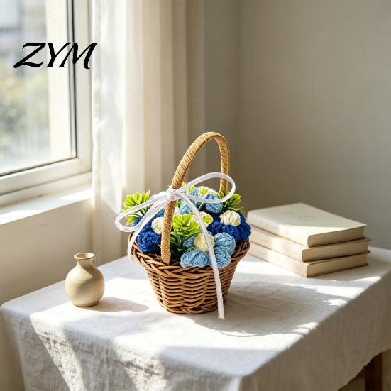Artificial Flower Arrangement for Desk Hand Knitted Wool Basket, Decorative Mini Crocheted Floral with Simulation Art Home Ribbon, Plant Ornament