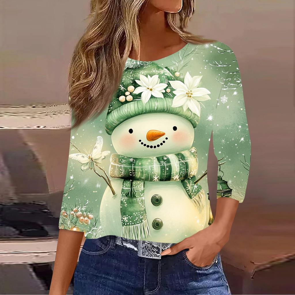 Dámská vánoční košile s kulatým výstřihem a potištěným sedmičtvrtečním rukávem.