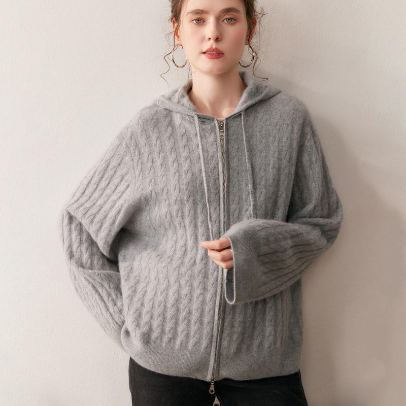 Women's Thickened Hooded Cashmere Cardigan - Autumn/Winter Fashion, Loose Cable Knit, Long Sleeve Base Layer
