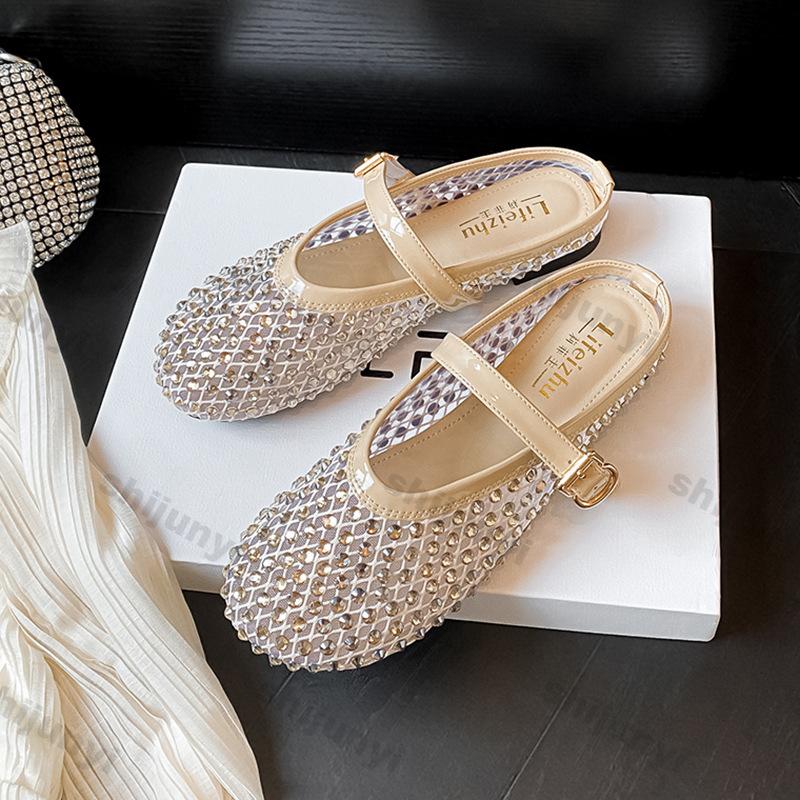 Fashion Women's Shoes 2025 Summer Size 43 Rhinestone Sandals Comfortable Buckle Strap Flats Lightweight Hollow Breathable Slippers