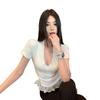 Damen Trendiges V-Ausschnitt T-Shirt: Schulterpolster, Spitzenbesatz, Kurze Ärmel, Figurbetonte Taille, Kurze Länge, Spicy Girl Style