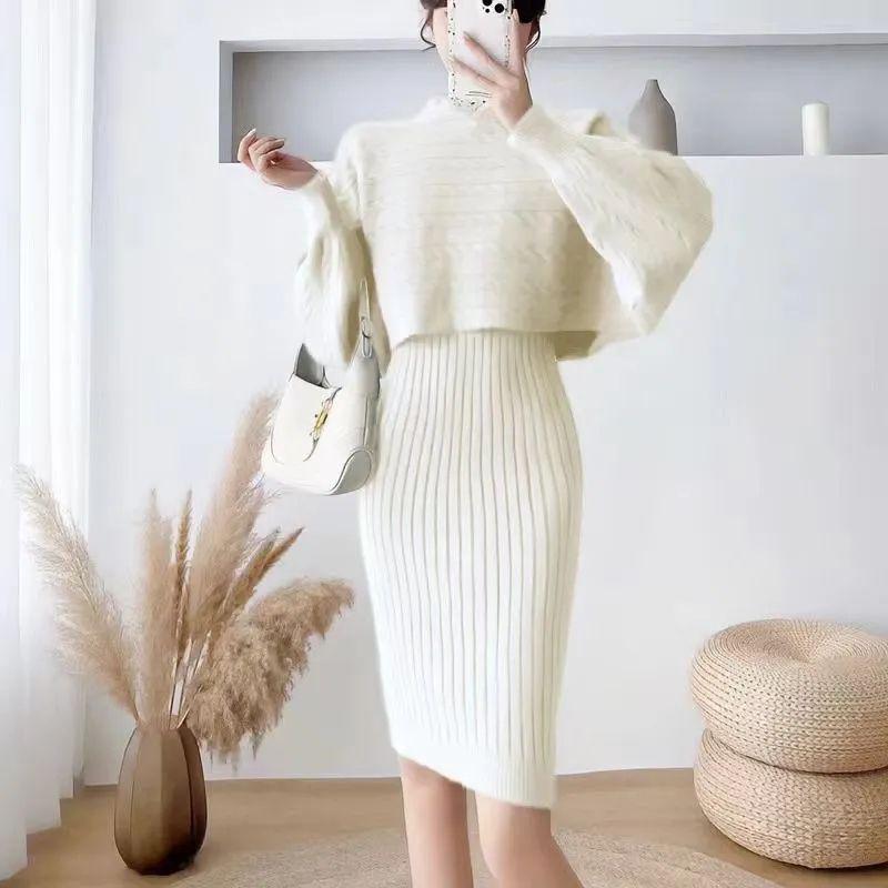 French style western-style sweater two-piece set thickened autumn and winter base dress fashionable knitted suspender dress