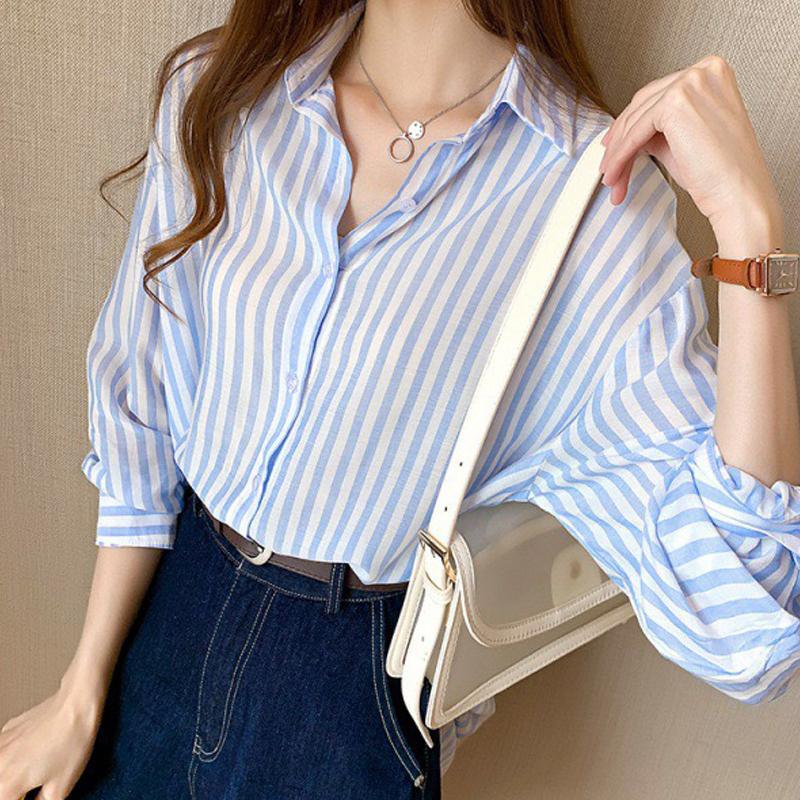 

Модная женская блузка, рубашка в вертикальную полоску для женщин, повседневный свободный элегантный топ 3XL синий