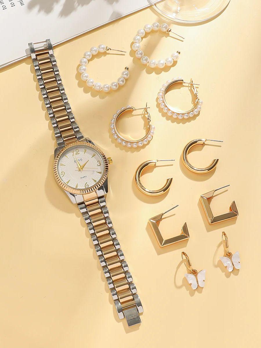 

Модный и легкий люкс простой высококлассный дисковый стальной ремешок женские кварцевые часы набор из 11 штук, подходит для Рождества и Ха золотой