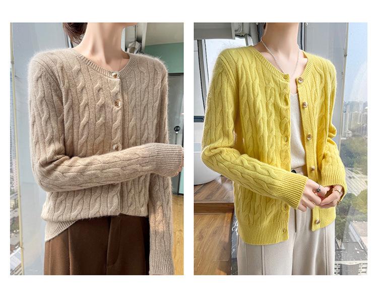 Women's Cashmere Round Neck Cable Knit Cardigan - High-End, Fashionable, Versatile Sweater for Autumn/Winter