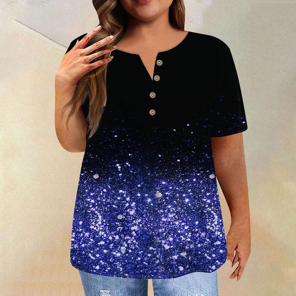 Women's Short Sleeve Shirt Button Plus Size T-Shirt Flower Printed Casual Tops