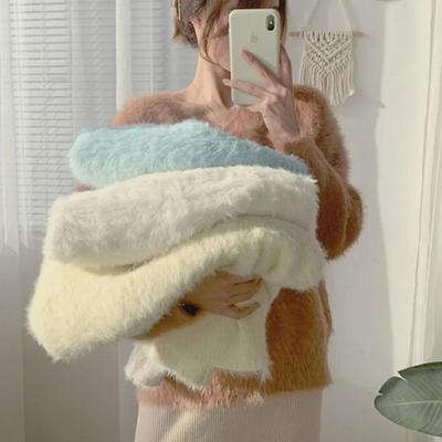 Damen V-Ausschnitt Dickes Kunstfell Pullover - Herbst/Winter Lockerer Mohair-Stil Pullover