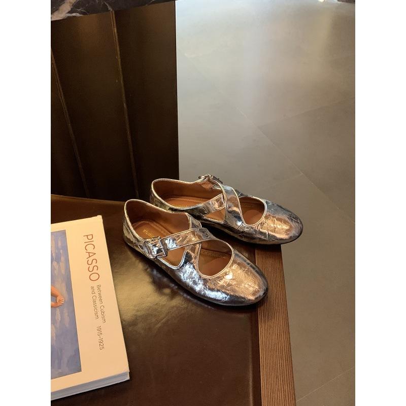 Spot Sheepskin Version~ Grape Mother Same Cross-strap Silver Round Head Mary Jane Women's Shoes Light Mouth Flat Sole Shoes